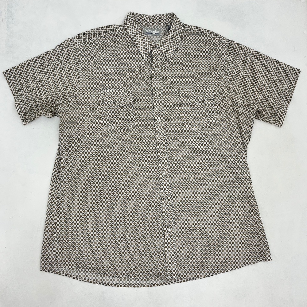 Wrangler Wrancher Men’s 2XL Western Shirt Pearl Snap‎ White Brown Short Sleeve